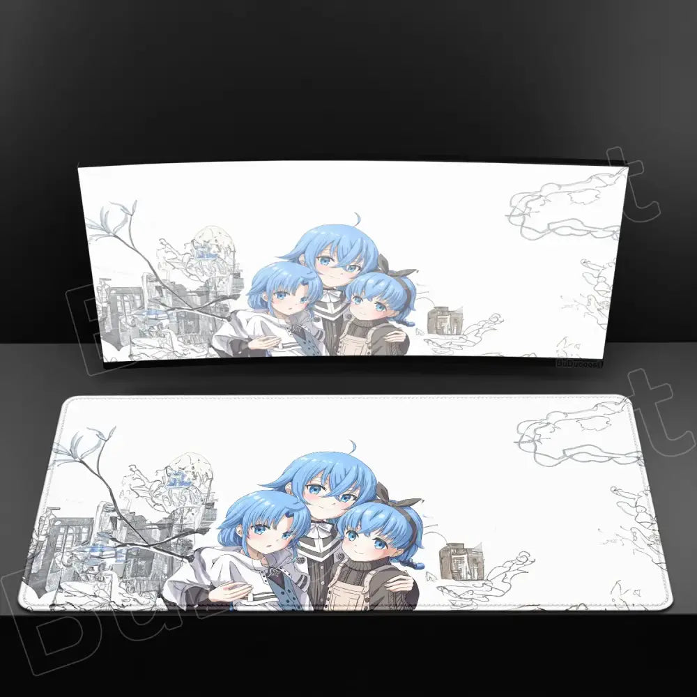 White rectangular xxl mouse pad with anime illustration of three blue-haired characters in stylized sketch design