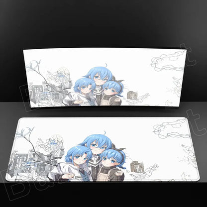 White rectangular xxl mouse pad with anime illustration of three blue-haired characters in stylized sketch design