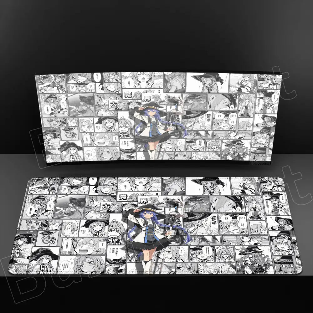 Black and white manga-themed xxl mouse pad with anime girl in witch hat on anti-slip rubber surface for gaming use