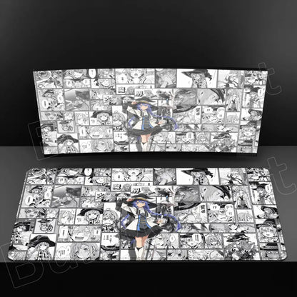 Black and white manga-themed xxl mouse pad with anime girl in witch hat on anti-slip rubber surface for gaming use