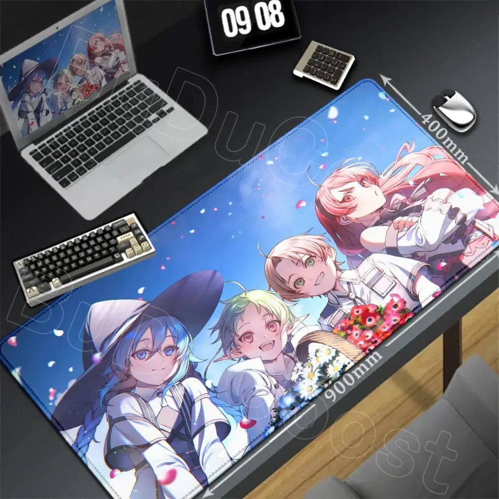Blue mushoku tensei roxy xxl mouse pad featuring four anime characters with vibrant hair on anti slip rubber surface