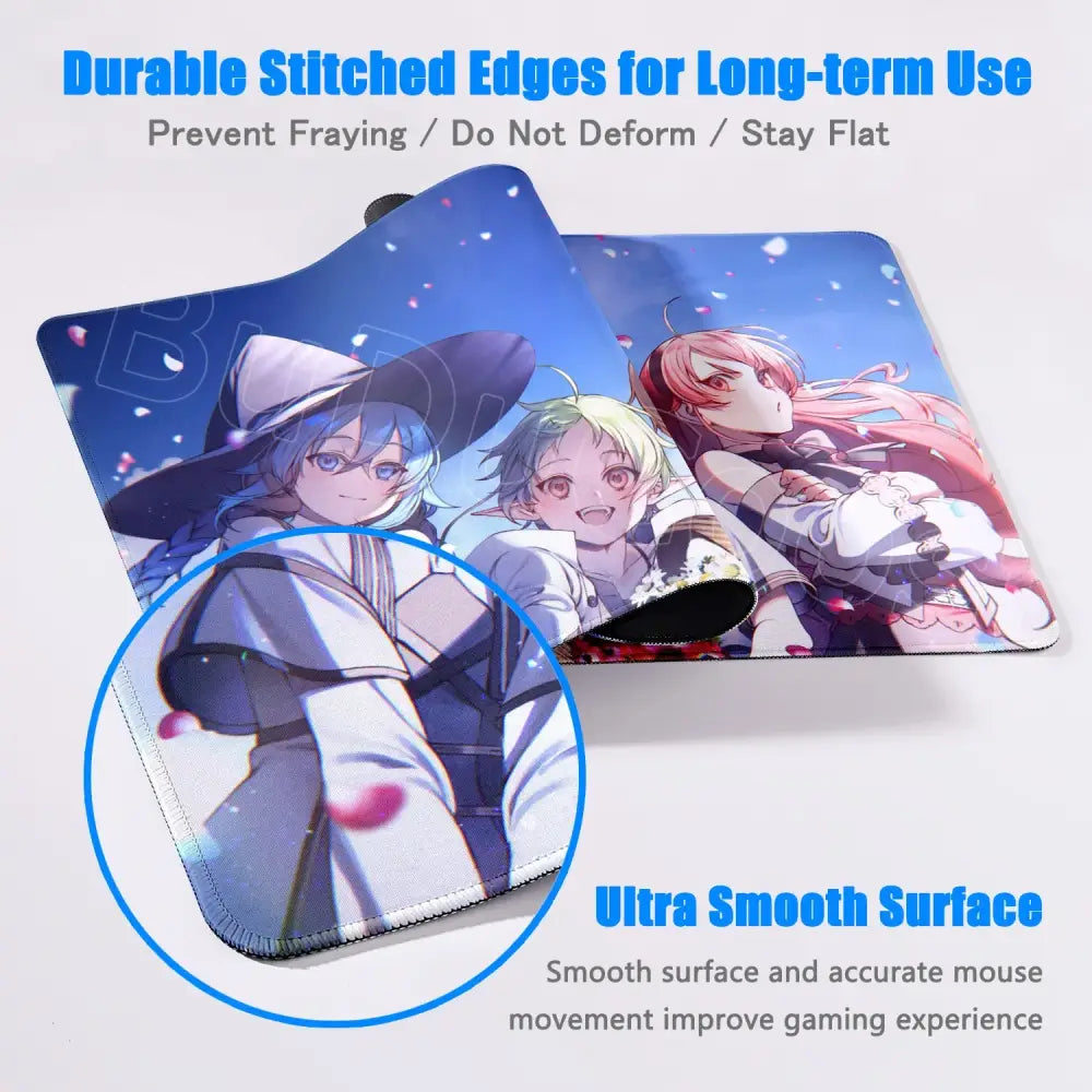 Blue and white anime themed xxl mouse pad with stitched edges and anti slip rubber for durability and comfort