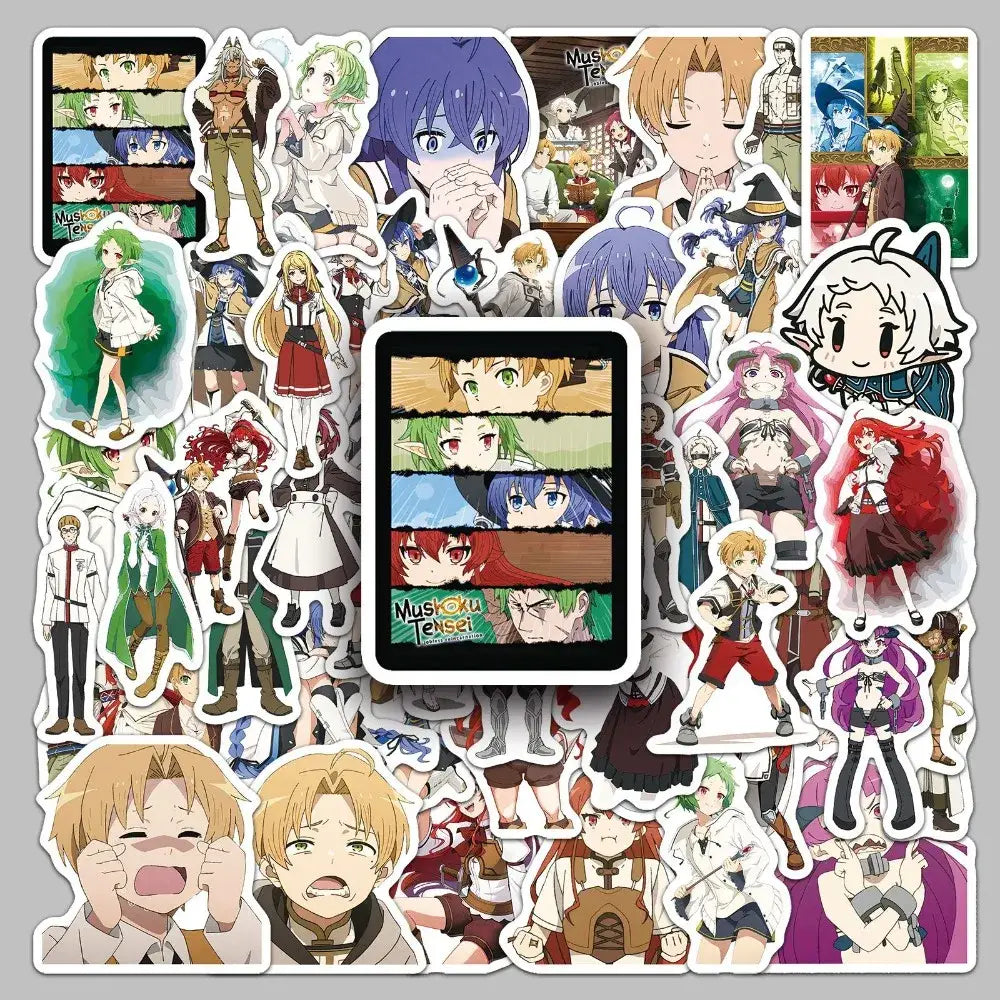 A colorful 50pcs mushoku tensei rudeus decal sticker set featuring various anime character designs and expressions