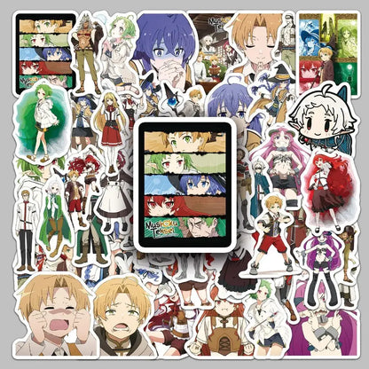 A colorful 50pcs mushoku tensei rudeus decal sticker set featuring various anime character designs and expressions