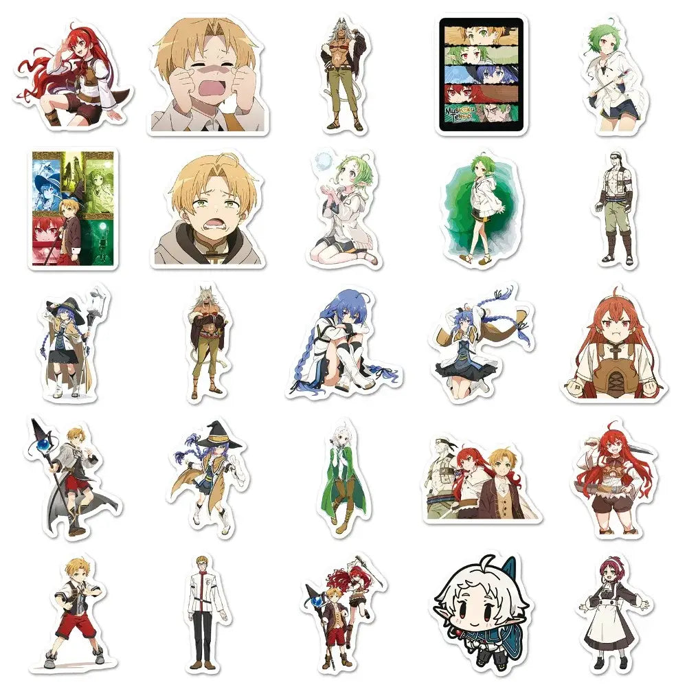 A colorful set of 50 mushoku tensei rudeus decal stickers featuring anime-style characters with various expressions
