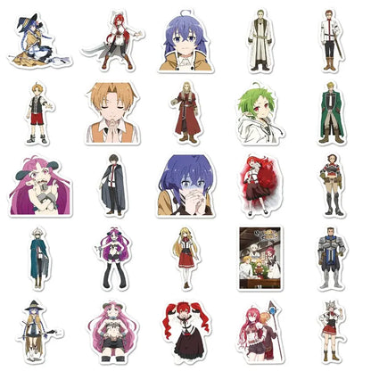 A colorful anime-style mushoku tensei rudeus decal sticker set featuring 50 vibrant character designs