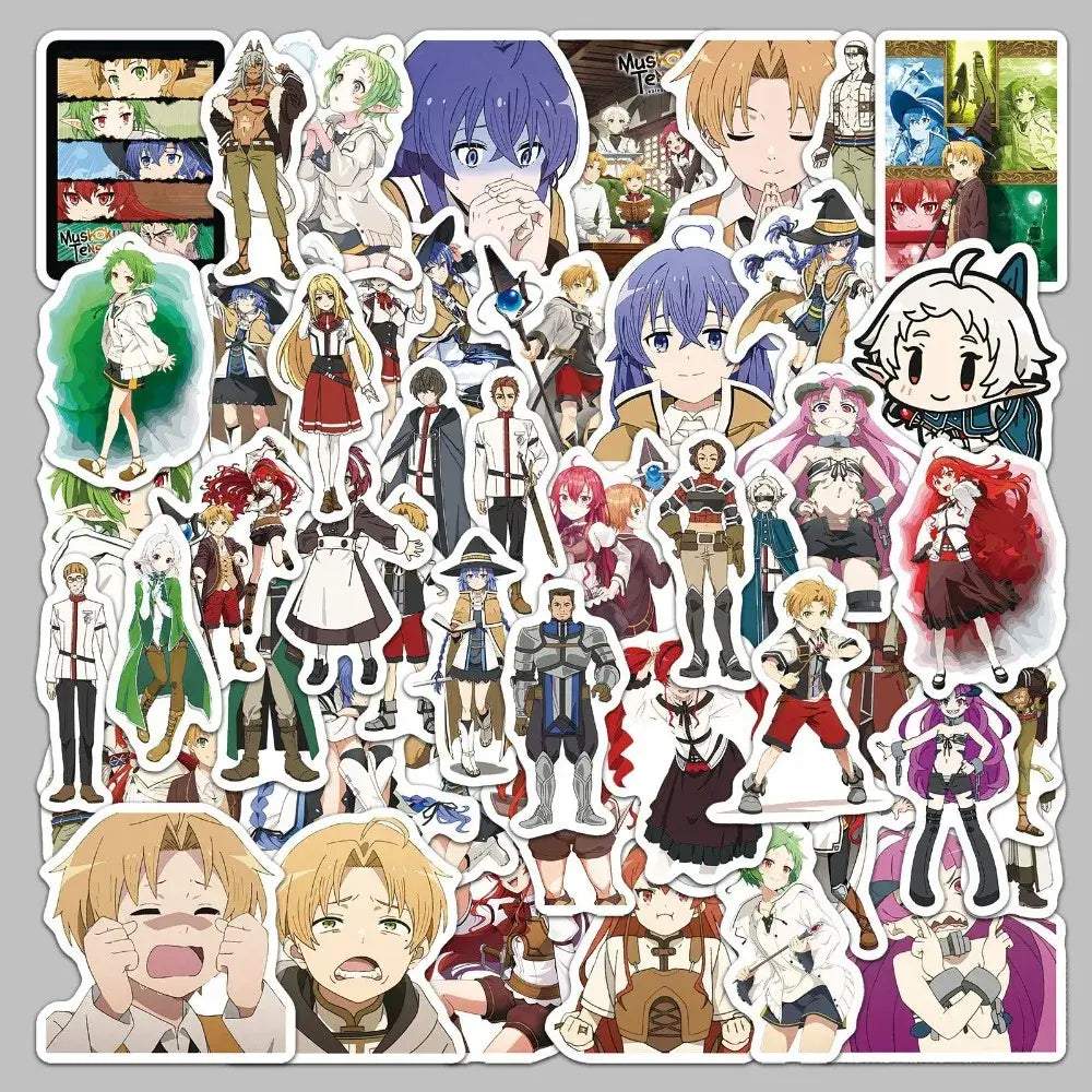 A colorful 50pcs set of mushoku tensei rudeus decal stickers featuring various anime character designs and expressions