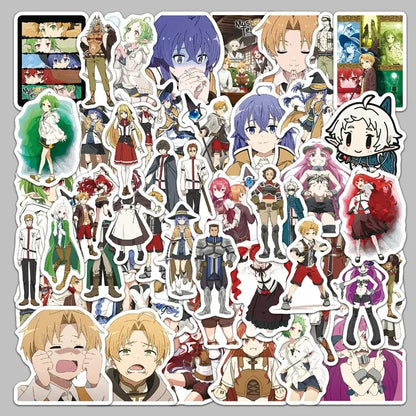 A colorful 50pcs set of mushoku tensei rudeus decal stickers featuring various anime character designs and expressions