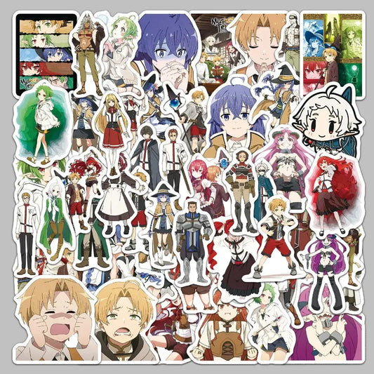 A colorful 50pcs set of mushoku tensei rudeus decal stickers featuring various anime character designs and expressions