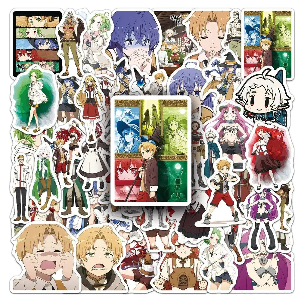 A colorful mushoku tensei rudeus decal sticker set featuring 50 anime character designs in various outfits and expressions