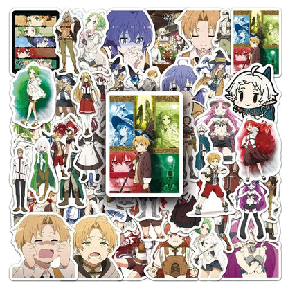 A colorful mushoku tensei rudeus decal sticker set featuring 50 anime character designs in various outfits and expressions