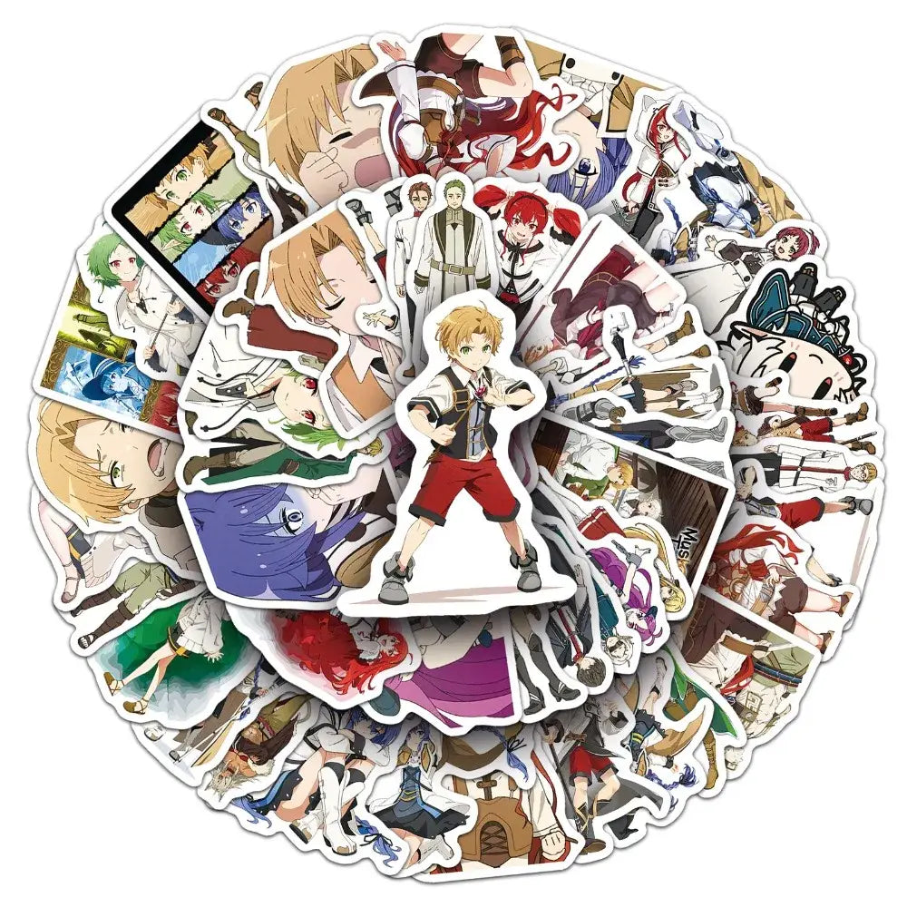 A vibrant mushoku tensei rudeus decal stickers set with 50 colorful anime character designs and expressions