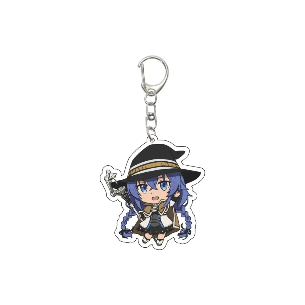 Black-and-white acrylic rudeus greyrat keychain featuring chibi anime character with blue hair and wide-brimmed hat 55mm