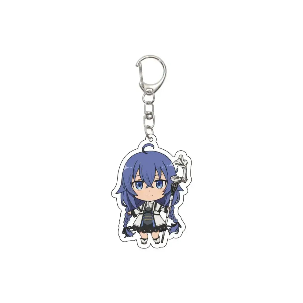 Mushoku Tensei rudeus greyrat acrylic keychain with blue hair design and silver metal clip and chain 55mm