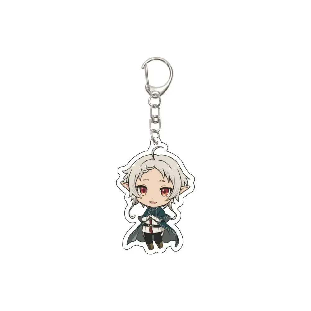Silver-accented mushoku tensei rudeus greyrat acrylic keychain featuring chibi elf with white hair and red eyes