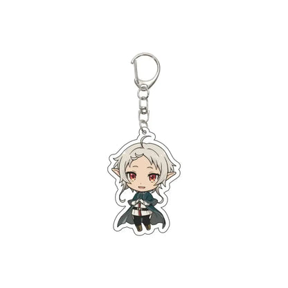 Silver-accented mushoku tensei rudeus greyrat acrylic keychain featuring chibi elf with white hair and red eyes