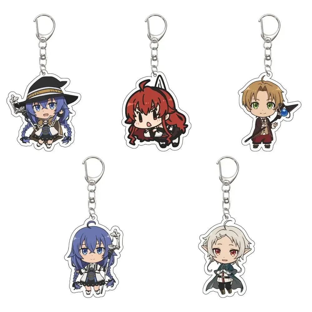 Five colorful chibi-style rudeus greyrat acrylic keychains with silver clasps and chains for greyrat acrylic keychain fans