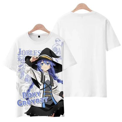 White short-sleeved plus size mushoku tensei rudeus greyrat tee shirt with full-color anime print of roxy greyrat in witch outfit