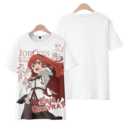 Plus size white short-sleeved t-shirt featuring vibrant red and black graphic of eris greyrat from mushoku tensei rudeus