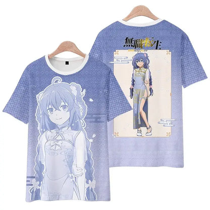 Plus size light purple short-sleeved mushoku tensei rudeus greyrat tee shirt with detailed anime print and geometric patterns