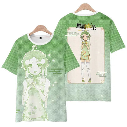 Plus size mushoku tensei rudeus green short sleeve tee with full body anime print and subtle floral patterns