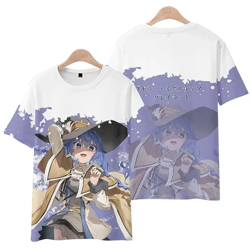 Plus size white short-sleeved mushoku tensei rudeus greyrat tee shirt with blue-haired anime character and purple splatter sleeves