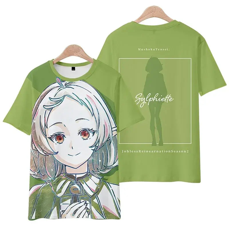 Plus size green short-sleeved mushoku tensei rudeus tee shirt with a 3d sylphiette print and silhouette design