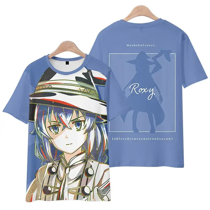 Plus size blue mushoku tensei rudeus greyrat short-sleeved tee with 3d roxy anime character design from season 2