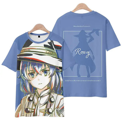 Plus size blue mushoku tensei rudeus greyrat short-sleeved tee with 3d roxy anime character design from season 2