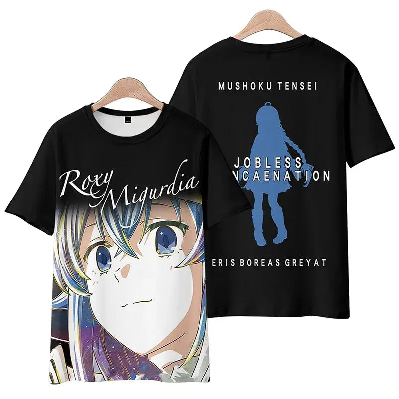Black plus size short-sleeved t-shirt with 3d-printed anime roxy migurdia design from mushoku tensei rudeus greyrat