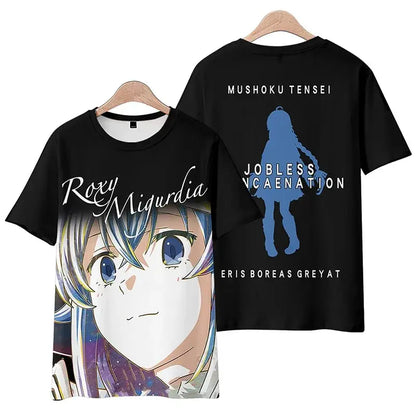 Black plus size short-sleeved t-shirt with 3d-printed anime roxy migurdia design from mushoku tensei rudeus greyrat