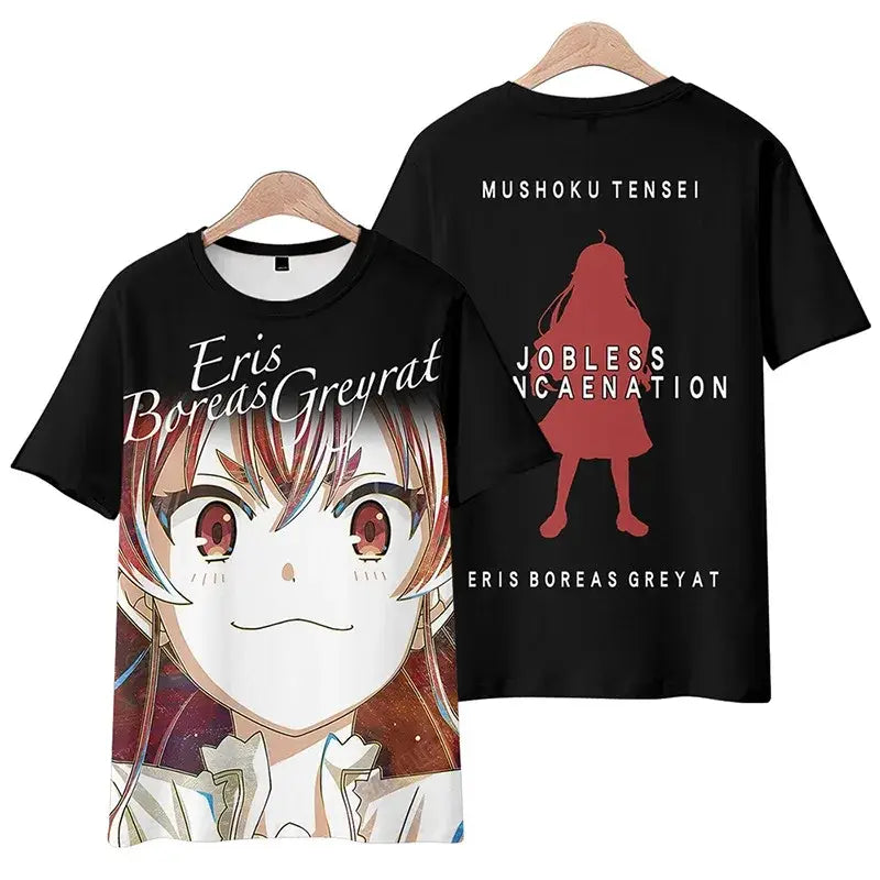 Black plus size t-shirt with detailed 3d anime design of eris boreas greyrat from mushoku tensei rudeus greyrat