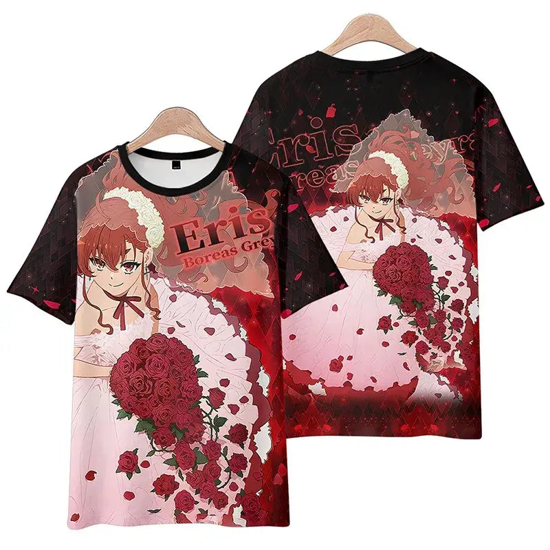 Black short-sleeved plus size mushoku tensei rudeus greyrat t-shirt with anime character in white dress holding red roses