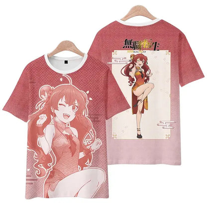 Plus size pink short-sleeved mushoku tensei rudeus greyrat tee shirt with full-body anime character and geometric patterns