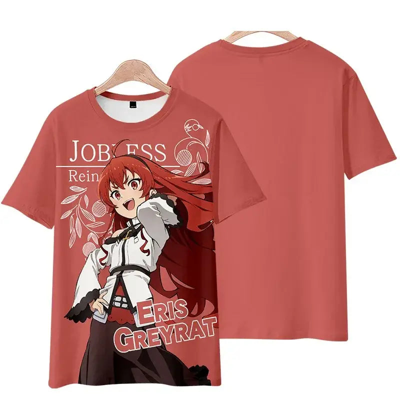 Plus size coral t-shirt featuring 3d-printed anime graphic of eris greyrat from mushoku tensei rudeus tee shirt