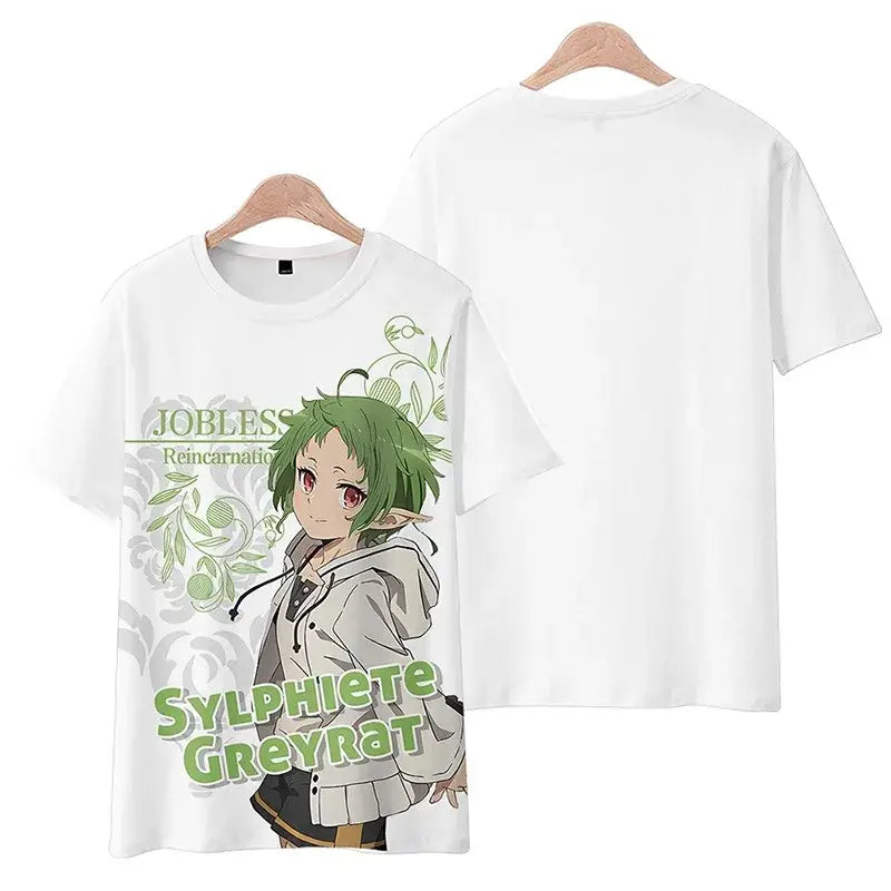 White short-sleeved plus size t-shirt with green-haired sylphiete greyrat anime character from mushoku tensei rudeus