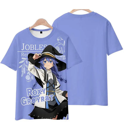 Light blue plus size mushoku tensei rudeus greyrat t shirt featuring anime character roxy greyrat print