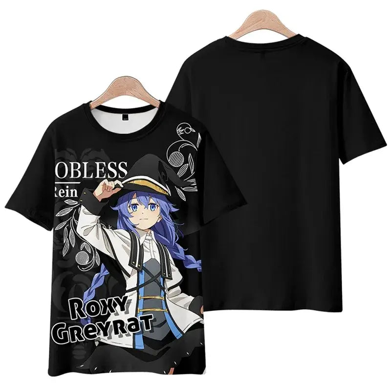 Black short-sleeved t-shirt featuring a detailed print of roxy greyrat from mushoku tensei rudeus plus size tee shirt