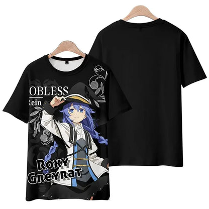 Black short-sleeved t-shirt featuring a detailed print of roxy greyrat from mushoku tensei rudeus plus size tee shirt