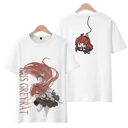 White cotton plus size mushoku tensei rudeus t shirt with dynamic red haired anime print and chibi back design