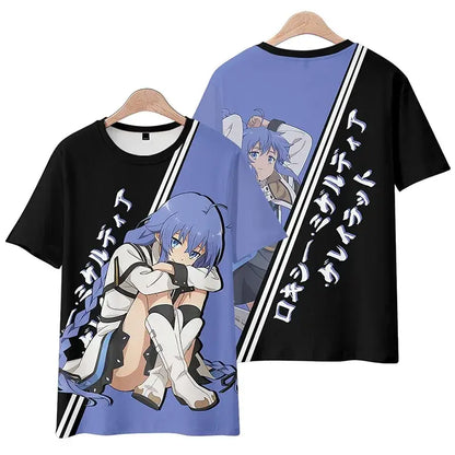 Plus size mushoku tensei rudeus tee shirt in black and blue with long purple hair print and white side stripes