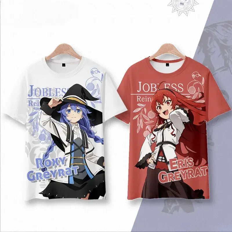 Plus size mushoku tensei rudeus tee shirts in white and red featuring roxy and eris greyrat full-body prints