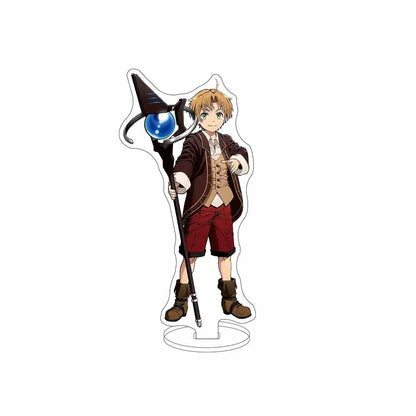 Clear acrylic sylphiette acrylic stand featuring blonde anime character in brown coat holding staff with glowing blue orb