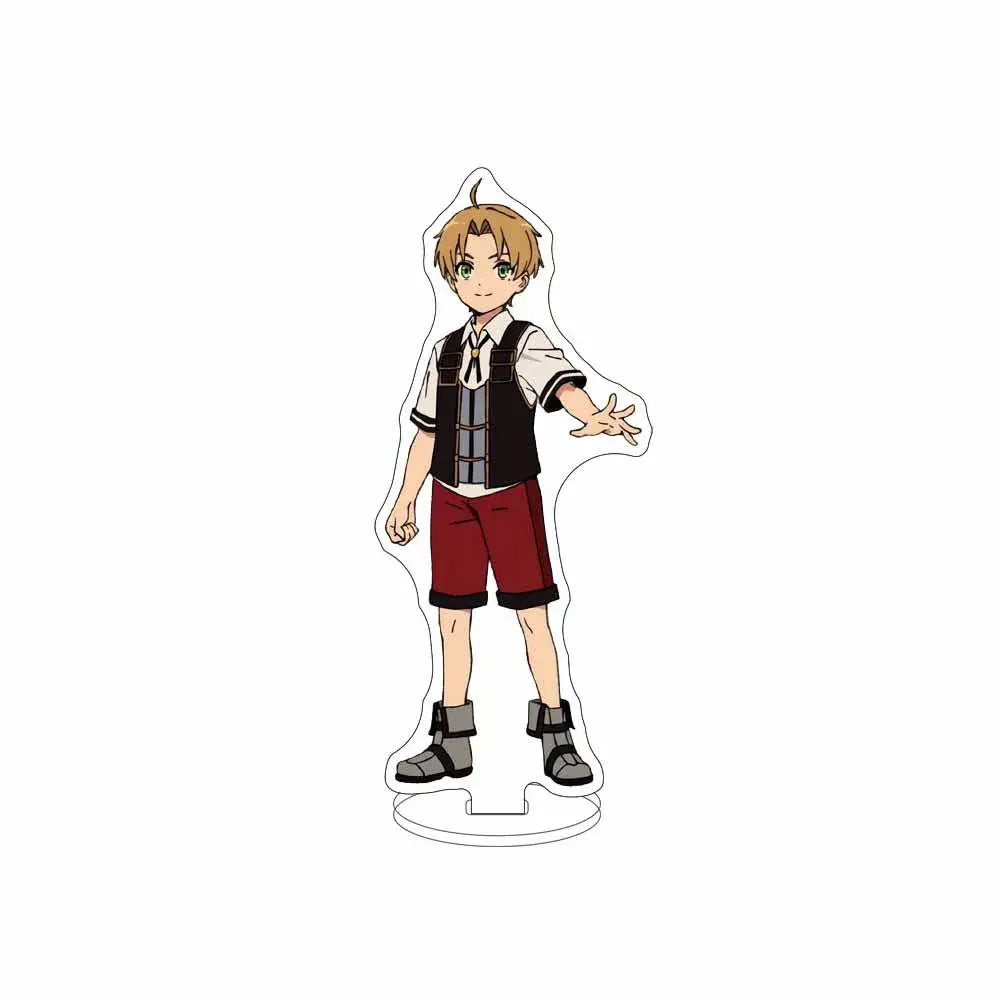 Clear acrylic sylphiette acrylic stand featuring blonde hair anime character in white shirt black vest and red shorts for desktop decor