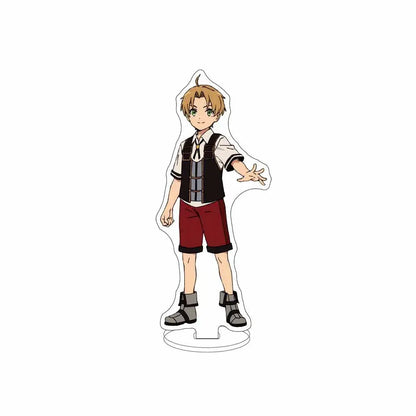 Clear acrylic sylphiette acrylic stand featuring blonde hair anime character in white shirt black vest and red shorts for desktop decor