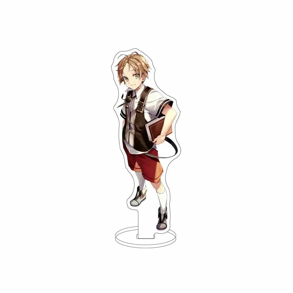 Clear acrylic sylphiette acrylic stand featuring anime character with light brown hair in white shirt and red shorts for desktop decor