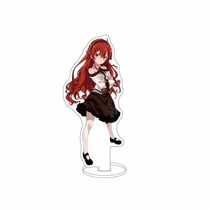 Clear acrylic sylphiette acrylic stand featuring red-haired anime girl in white blouse and black skirt for desktop decor