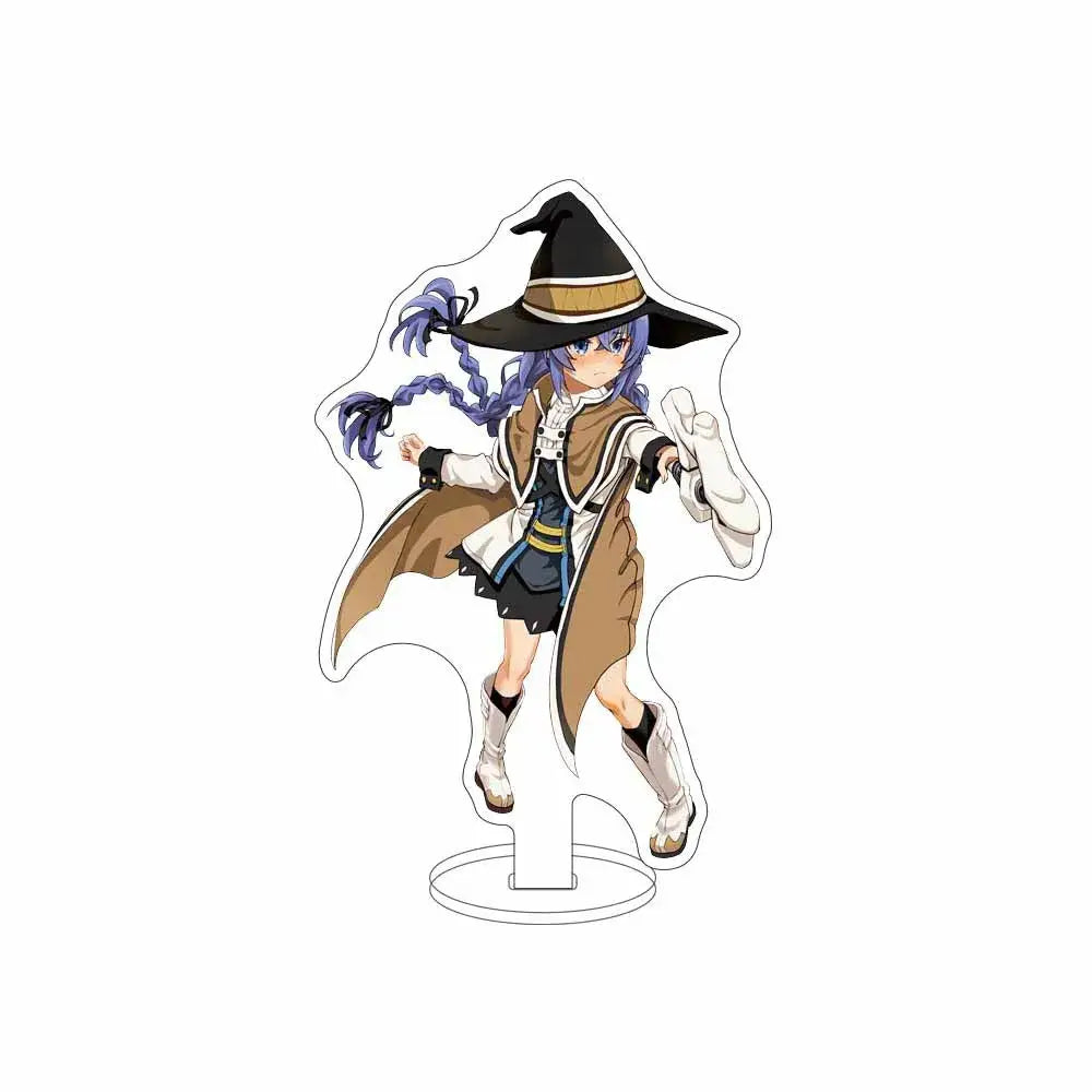 A black witch hat with a gold band on an anime-style figurine in the sylphiette acrylic stand for desktop decor