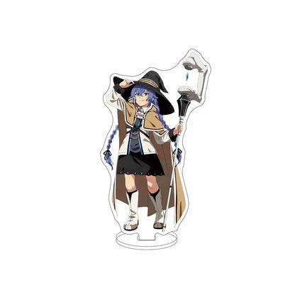Translucent blue-haired anime witch in black hat and brown coat holding staff on sylphiette acrylic stand desktop decor