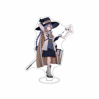 Translucent acrylc stand featuring sylphiette with purple hair in black hat and brown coat for desktop decor